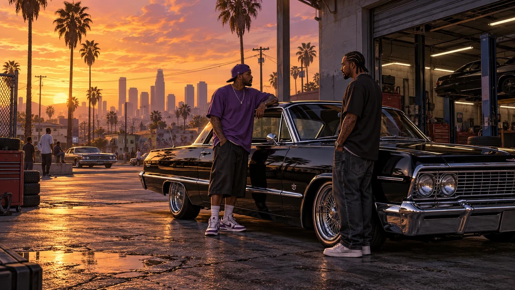 Two friends beside a classic lowrider outside a Los Santos garage