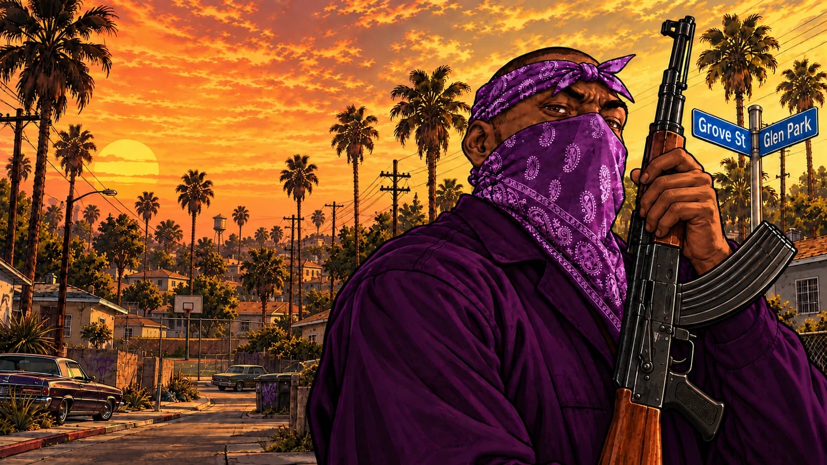 A character in purple on a palm-lined Los Santos street
